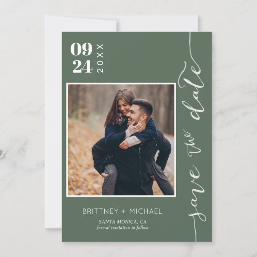 Modernes handgeschriebenes Foto Save the Date dunk (Vorderseite)