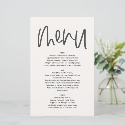 Modernes, handgeschriebenes Menü mit minimaler Gra (Stehend Vorderseite)