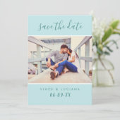 Modernes handgeschriebenes Script Aqua Blue Weddin Save The Date (Stehend Vorderseite)