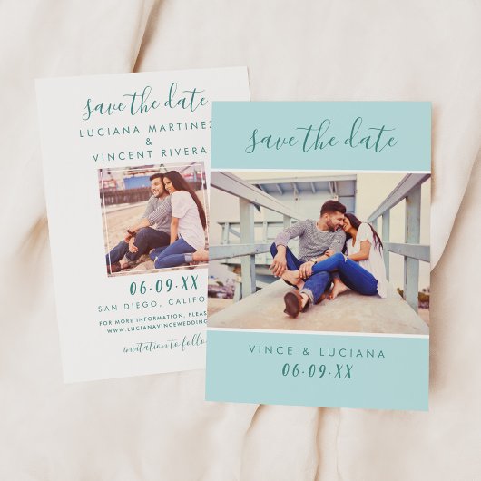Modernes handgeschriebenes Script Aqua Blue Weddin Save The Date