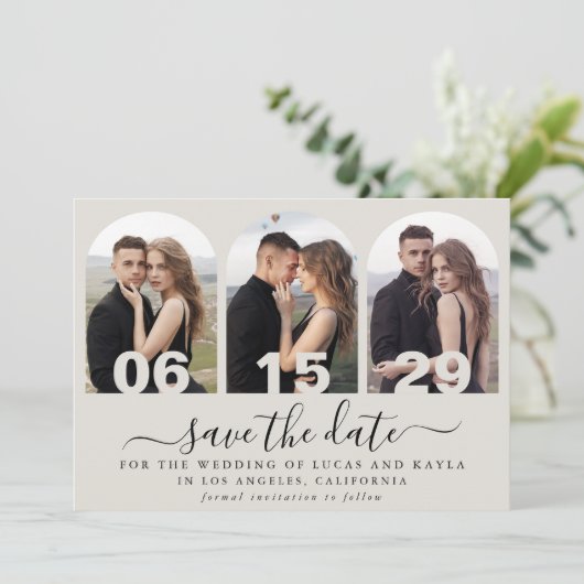 Modernes handgeschriebenes Script-Arch-Foto Save t Einladung (Stehend Vorderseite)