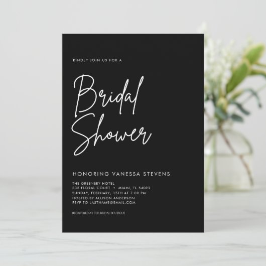 Modernes handgeschriebenes Script Black Brautparty Einladung (Stehend Vorderseite)