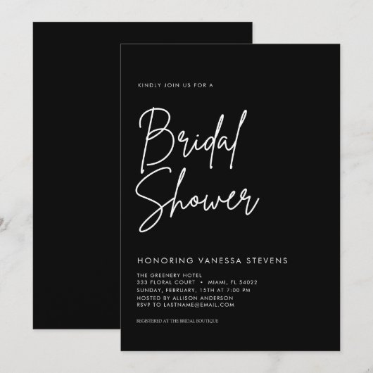Modernes handgeschriebenes Script Black Brautparty Einladung (Vorne/Hinten)