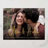 Modernes handgeschriebenes Script-Foto Save the Da Folie Einladungspostkarte (Vorderseite)