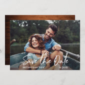 Modernes handgeschriebenes Script-Foto Wood Save The Date (Vorne/Hinten)