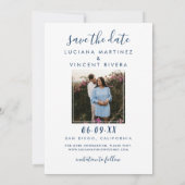 Modernes handgeschriebenes Script-Navy-Hochzeitssk Save The Date (Rückseite)