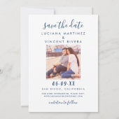 Modernes handgeschriebenes Script-Navy-Hochzeitssk Save The Date (Rückseite)