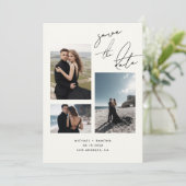 Modernes handgeschriebenes Skript Drei Foto QR Cod Save The Date (Stehend Vorderseite)