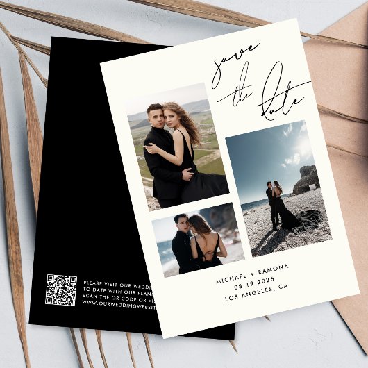 Modernes handgeschriebenes Skript Drei Foto QR Cod Save The Date