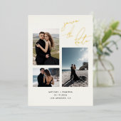 Modernes handgeschriebenes Skript mit drei Fotos R Folieneinladung (Stehend vorne)