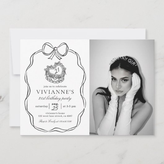 Modernes handgezeichnetes Black Bow Girl Geburtsta Einladung (Vorderseite)