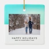 Modernes Happy Holiday Two-Tone Aqua Blue Foto Keramikornament (Rückseite)