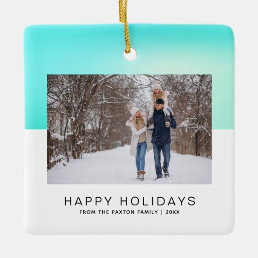 Modernes Happy Holiday Two-Tone Aqua Blue Foto Keramikornament (Vorderseite)
