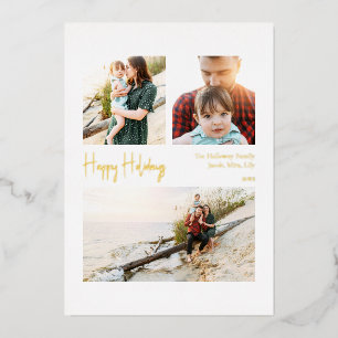 Modernes Happy Holidays Drehbuch Drei-Foto-Gold Folien Feiertagskarte