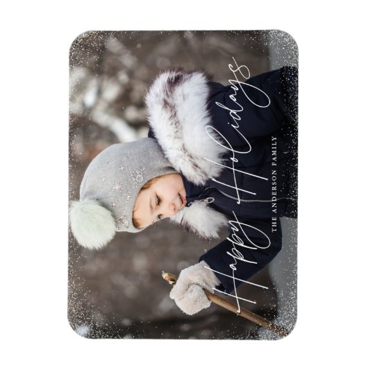 Modernes Happy Holidays Script Snow Flurries Foto Magnet (Vertikal)