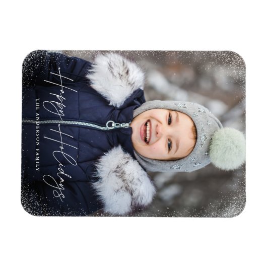 Modernes Happy Holidays Script Snow Flurries Foto Magnet (Horizontal)