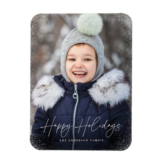 Modernes Happy Holidays Script Snow Flurries Foto Magnet (Vertikal)