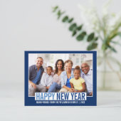 Modernes Happy New Year Family Foto Blau Postkarte (Stehend Vorderseite)