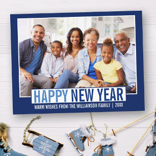 Modernes Happy New Year Family Foto Blau Postkarte
