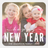 Modernes Happy New Year Holiday Foto Quadratischer Aufkleber (Vorderseite)