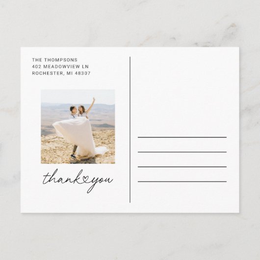 Modernes Heart Script Wedding Foto Vielen Dank Postkarte (Rückseite)