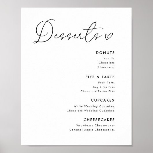 Modernes Heart Wedding Desserts Menu Unterschrift Poster (Vorne)