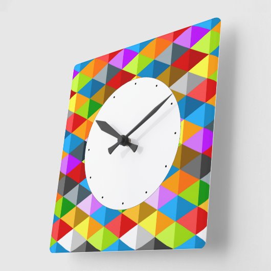 Modernes, hell funkelndes, buntes Dreiecksmuster Quadratische Wanduhr (Winkel)