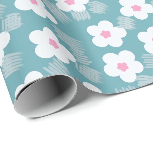 Modernes hellblaues Blumenmuster Geschenkpapier (Rolleneckpunkt)
