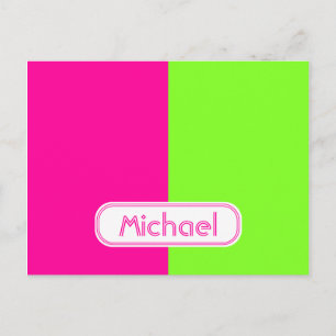 Modernes, helles Neonrosa grünes Monogramm Postkarte