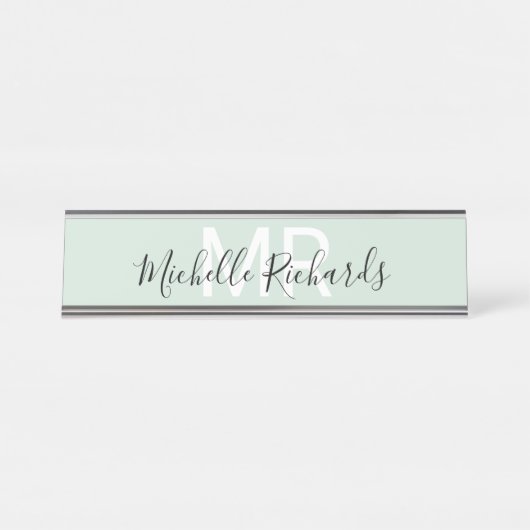 Modernes hellgrünes Monogramm Schreibtischnamensplakette (Vorderseite )