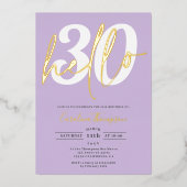 Modernes hello 30 Geburtstag Foto lila Goldskript Folieneinladung (Vorderseite)