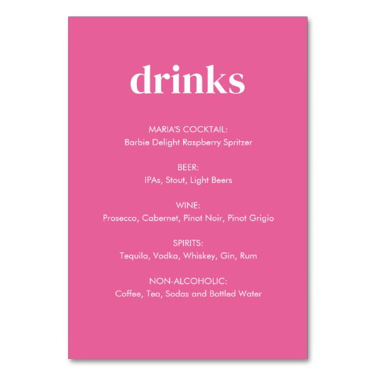 Modernes, hellrosa Girly Drinks Tabletop-Zeichen Tischnummer (Vorderseite)