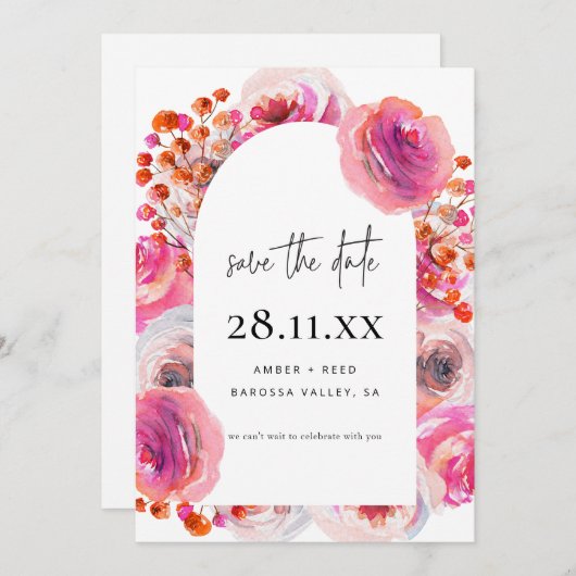 Modernes, hellrosa Watercolor, Blumenschrift Save The Date (Vorne/Hinten)