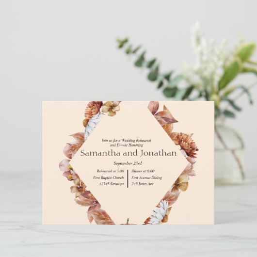 Modernes Herbst Orange BOHO Hochzeitsessen Probe Einladung (Stehend Vorderseite)