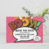 Modernes Herz-Confetti-Comic Hochzeit retten das D Save The Date (Stehend Vorderseite)
