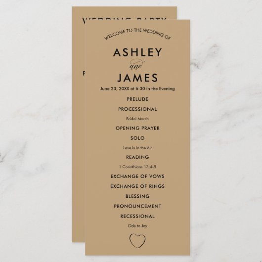 Modernes Herz-Hochzeitsprogramm für Zeremonie Programm (Vorne/Hinten)