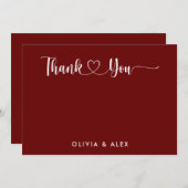 Modernes Herz Maroon Script Personalisierte Hochze Dankeskarte (Vorne/Hinten)