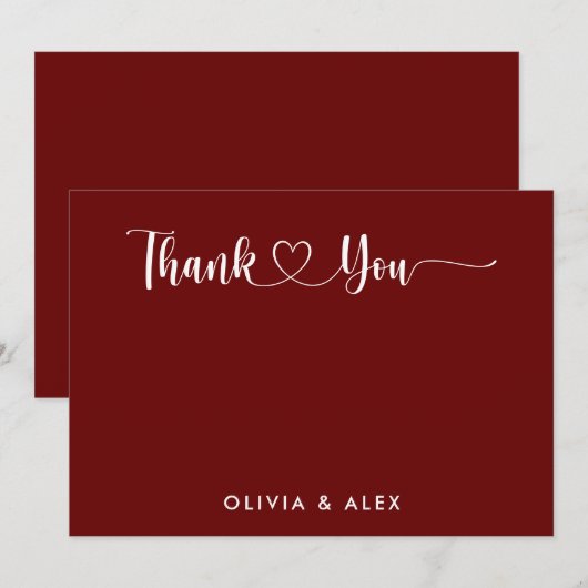 Modernes Herz Maroon Script Personalisierte Hochze Dankeskarte (Vorne/Hinten)