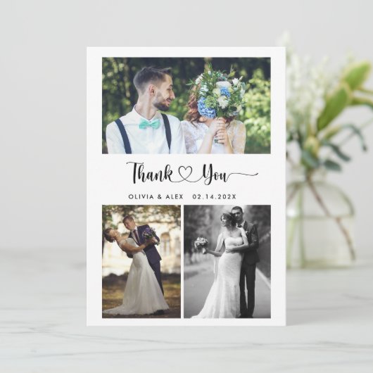 Modernes Herz-Script Hochzeit 4 Foto Collage Dankeskarte (Stehend Vorderseite)