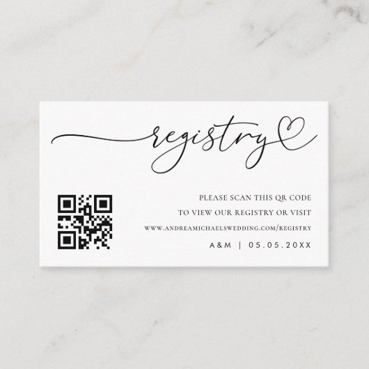 Modernes Herz-Script Qr Code Wedding Gift Registry Begleitkarte (Vorderseite)