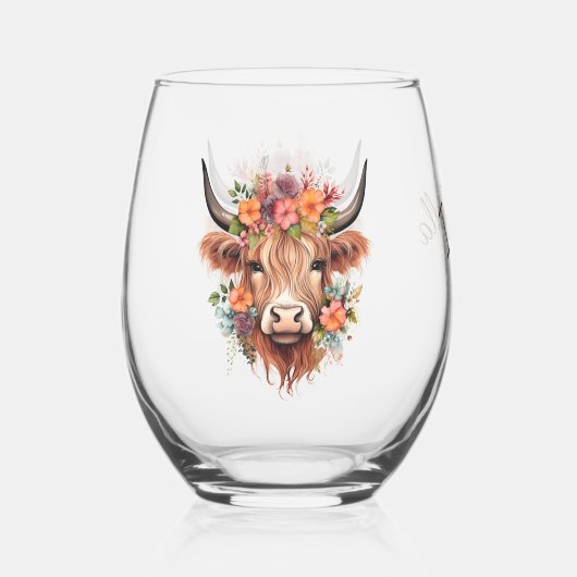 Modernes Hochland-Kuh Boho mit Blume Design Weinglas Ohne Stiel (Vorderseite)