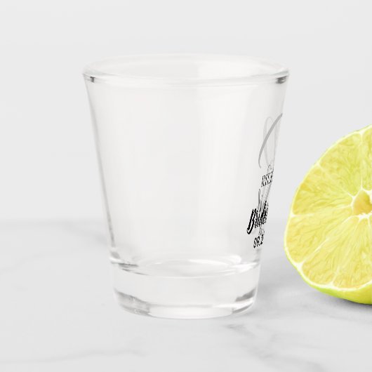 Modernes Hochzeits-Monogramm-elegante Brautjungfer Schnapsglas (Links)