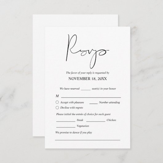 Modernes Hochzeitsessen lädt zur UAWG-Eintrittskar Begleitkarte (Vorne/Hinten)