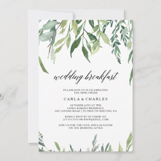 Modernes Hochzeitsfrühstück im Grünen Einladung (Vorderseite)