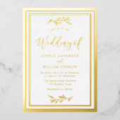 Modernes Hochzeitsgolden - Leaf Elegante Grenze Folieneinladung (Vorderseite)