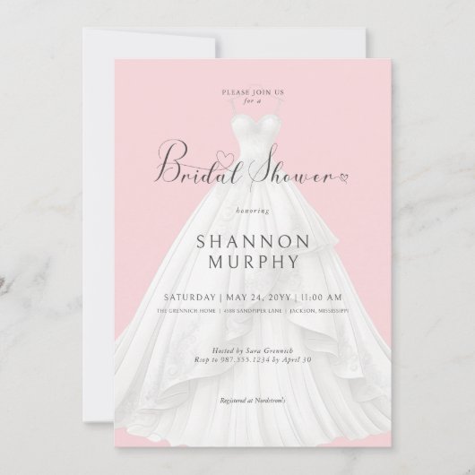 Modernes Hochzeitskleid auf rosa Brautparty Einladung (Vorderseite)