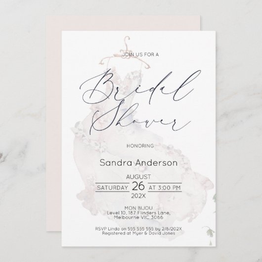 Modernes Hochzeitskleid-Brautparty Einladung (Vorne/Hinten)