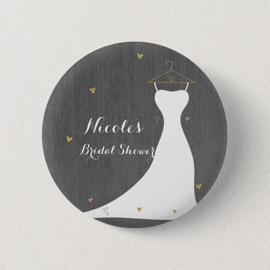 Modernes Hochzeitskleid & Gold Hearts Brautparty Button (Vorderseite)