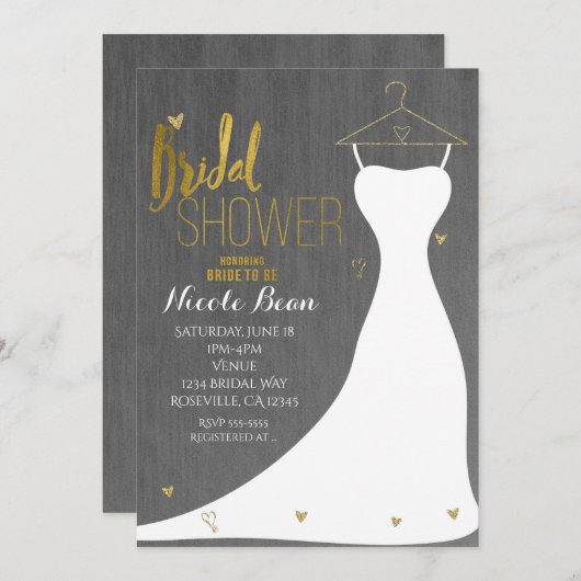 Modernes Hochzeitskleid & Gold Hearts Brautparty Einladung (Vorne/Hinten)