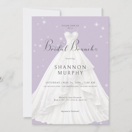 Modernes Hochzeitskleid Lila Sparkle Bridal Brunch Einladung (Vorderseite)